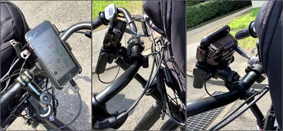 Smartphone attached to bicycle by smartphone holder (being cooled by smartphone cooler)
